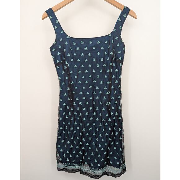 French Connection Blue Floral Embroidered Sleeveless Silk Blend Dress Size 4 - Picture 2 of 4